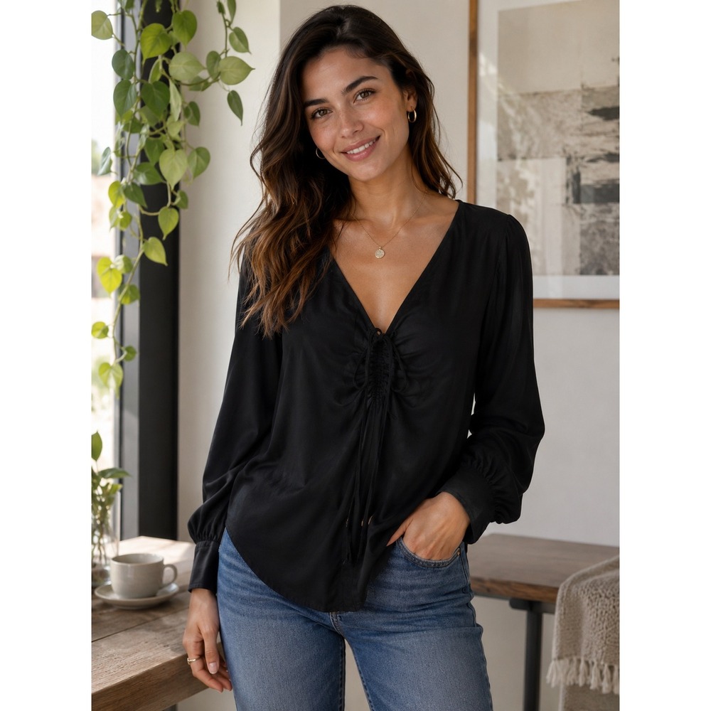 Rebecca Taylor Black Ruched Tie Closure V-Neck Bishop Sleeve Blouse Top